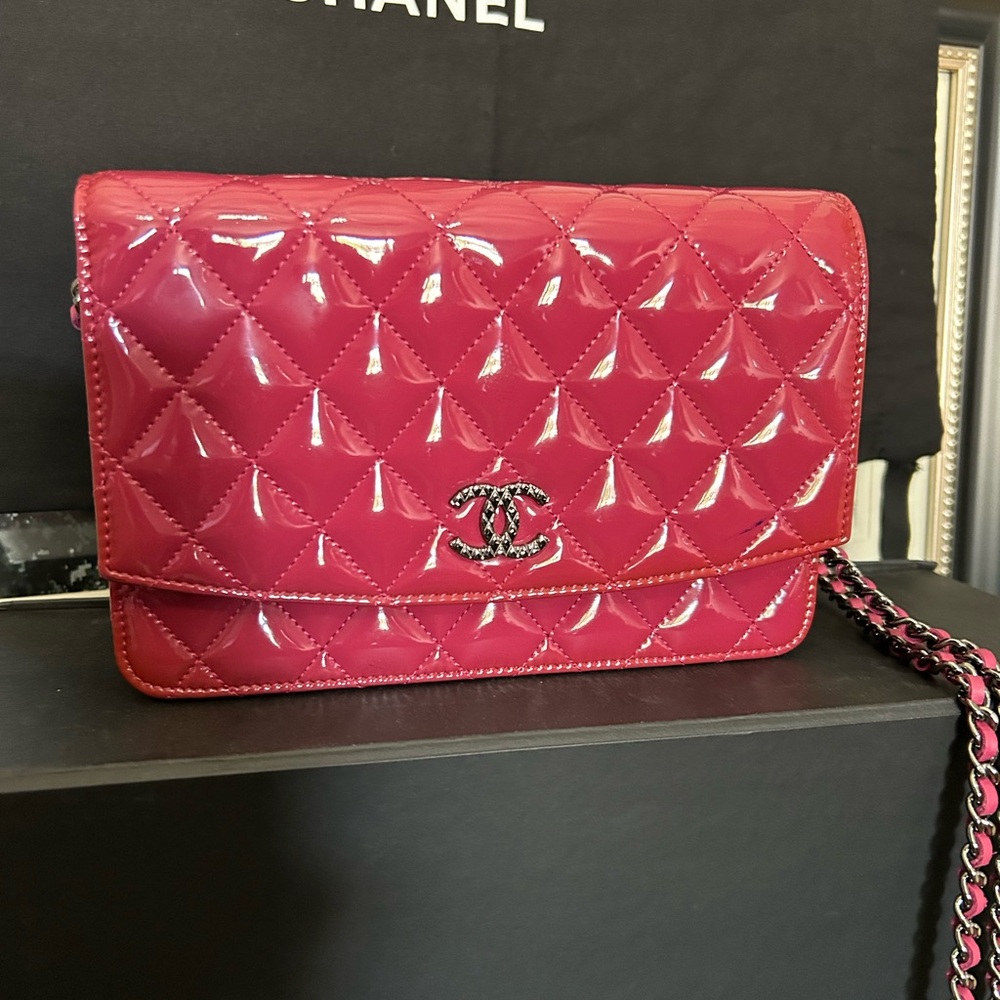Chanel Pink Patent Leather Wallet on A Chain